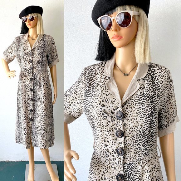 Animal Print Dress Cheetah Print Dress Leopard Print Dress Safari Dress Linen S - Picture 1 of 10